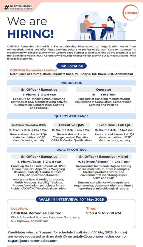 Corona Remedies Limited is conducting a walk-in interview for multiple pharma jobs in Production, Quality Assurance (QA), and Quality Control (QC) at their OSD manufacturing facility near Ahmedabad.