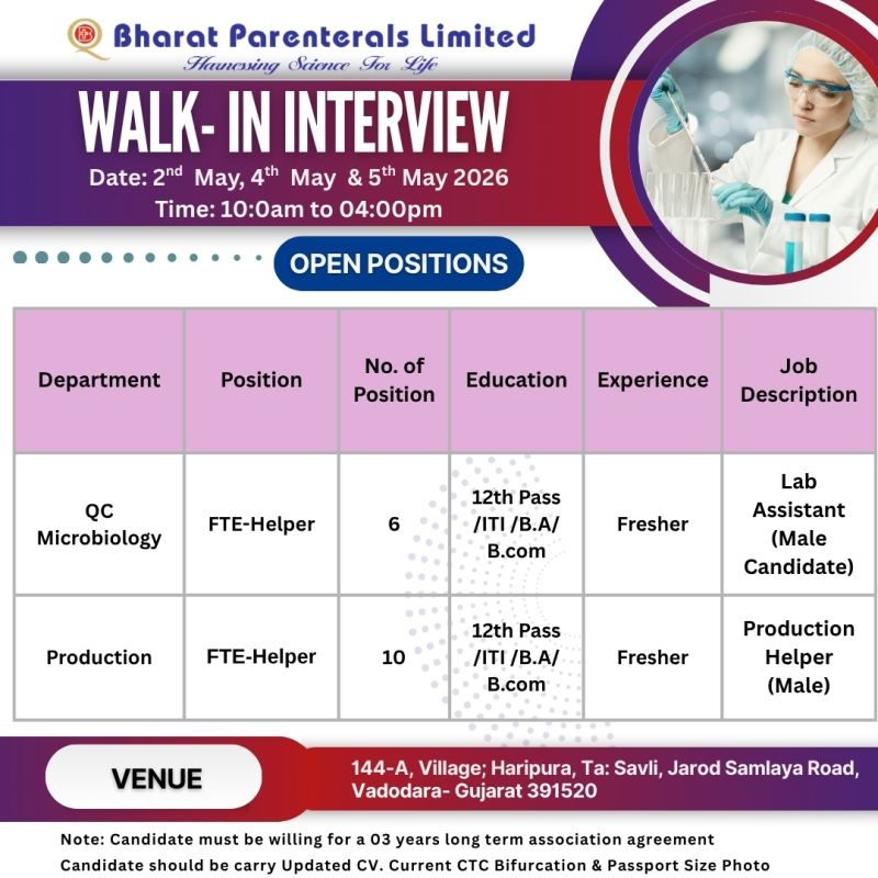 Bharat Parenterals - Hiring for Multiple Openings