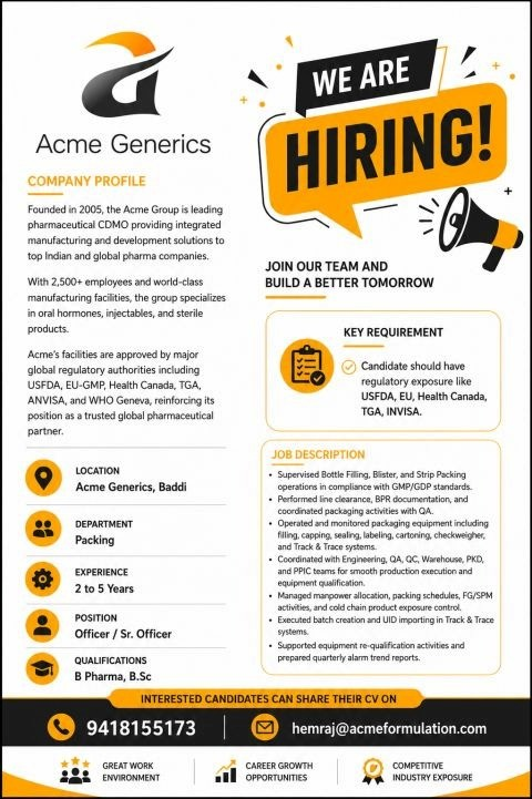 Acme Generics is hiring experienced professionals for Officer / Sr. Officer positions in the Packing department at its Baddi facility.