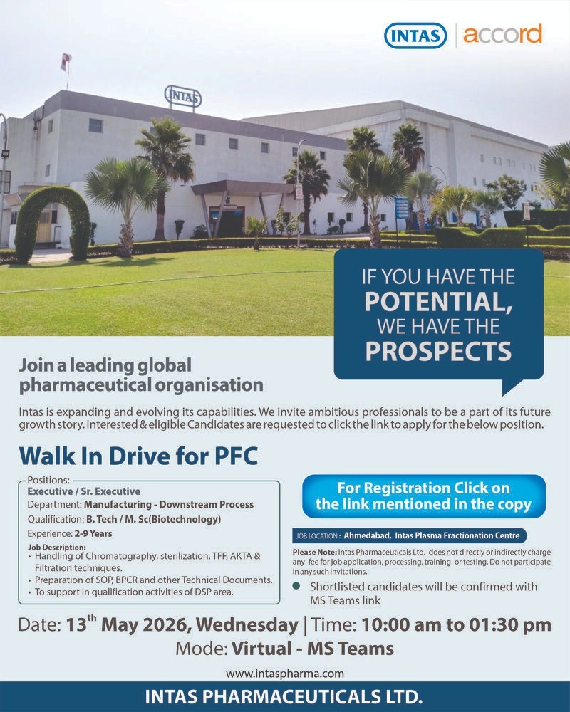 Intas Pharmaceuticals is hiring Executive / Sr. Executive for Manufacturing – Downstream Process at its Plasma Fractionation Centre in Ahmedabad.
