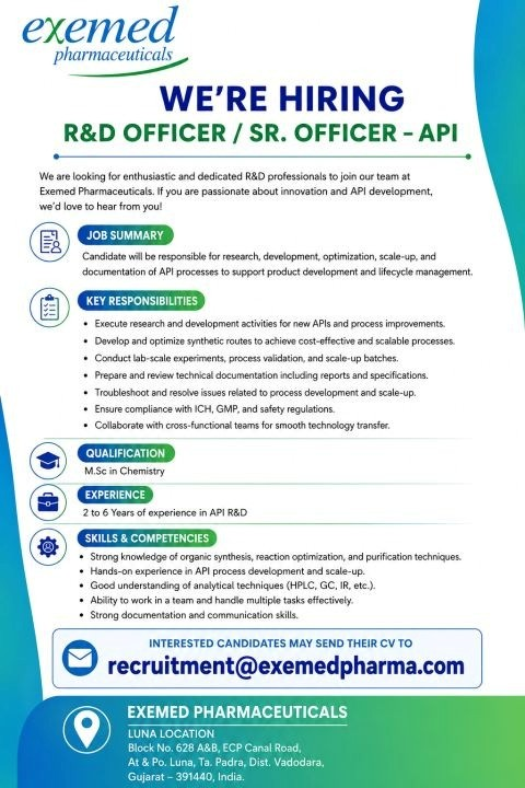 Exemed Pharmaceuticals is hiring R&D Officer / Sr. Officer for its API Research & Development department at Vadodara.