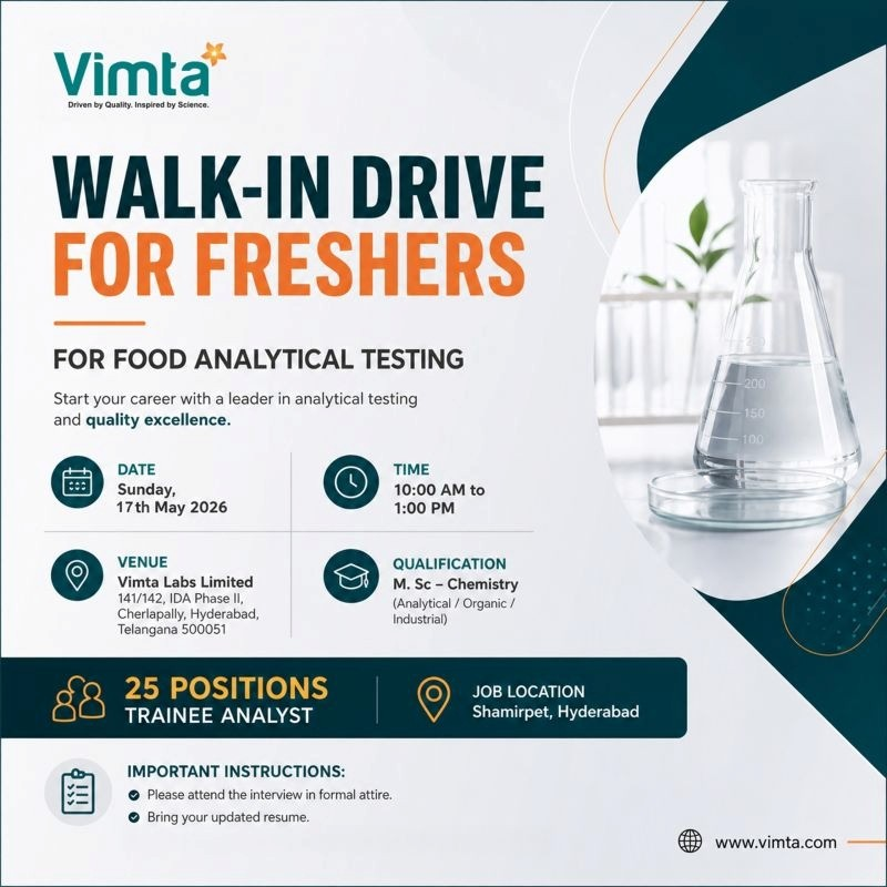Vimta Labs is conducting a walk-in drive for freshers for Trainee Analyst positions in Food Analytical Testing at Hyderabad.
