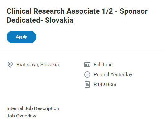 IQVIA is hiring Clinical Research Associate (CRA) 1/2 for a Sponsor Dedicated role in Bratislava, Slovakia. 