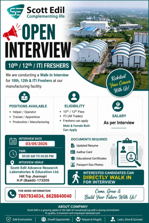 Scott Edil Walk-In Interview for 10th, 12th & ITI Freshers on 3rd May 2026