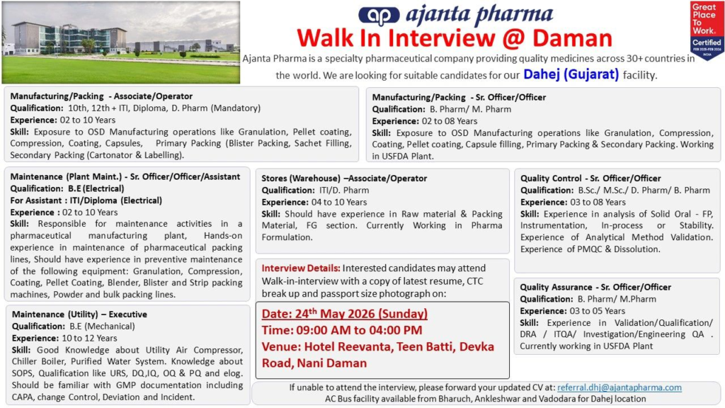 Ajanta Pharma Walk-in Interview for Manufacturing, Maintenance, QC & QA Jobs at Dahej Plant 2026