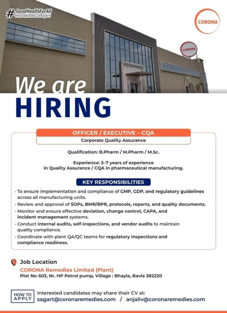  Corona Remedies Limited as Officer / Executive - COA in Corporate Quality Assurance. 