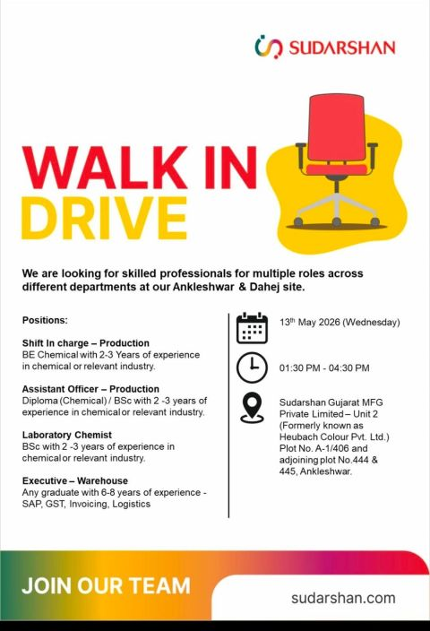 Sudarshan Walk-in Drive for Production, Laboratory & Warehouse Jobs at Ankleshwar 2026