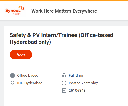 Kickstart your career in pharmacovigilance with the Safety & PV Intern/Trainee position at Syneos Health, Hyderabad.