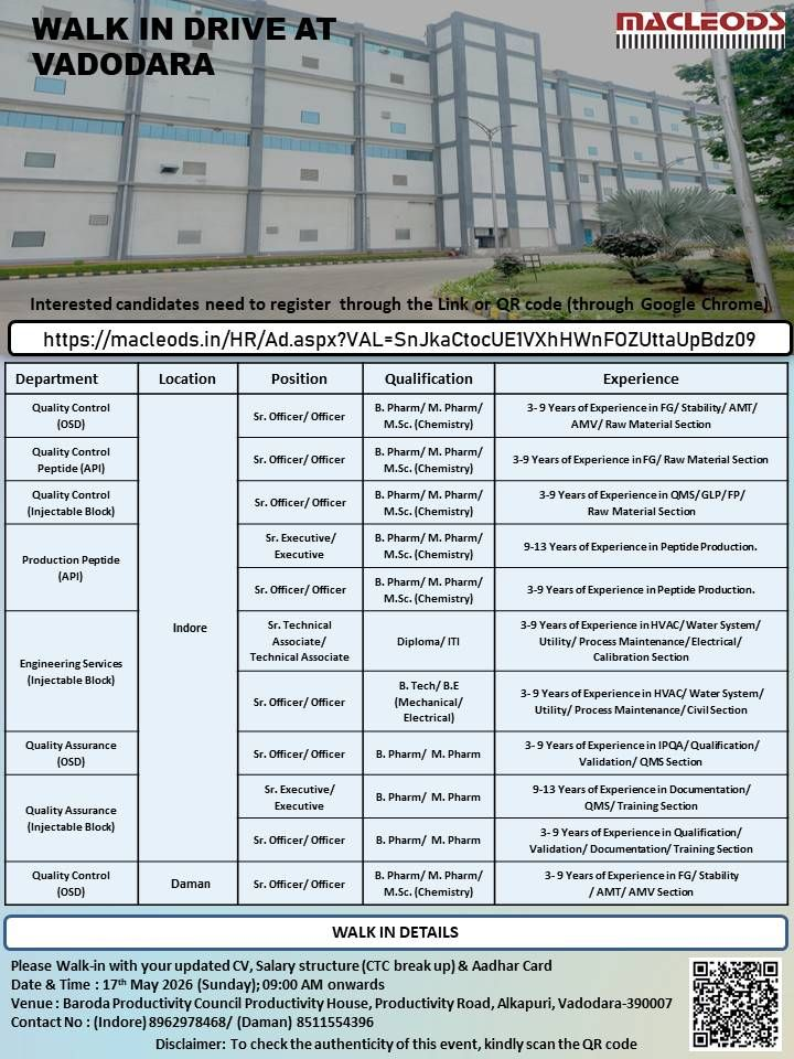 Macleods Pharmaceuticals Walk-in Interview for QC, QA, Production & Engineering Jobs at Vadodara 2026