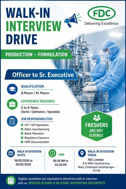 FDC Limited is conducting a Walk-In Interview Drive for Production roles in Formulation (Sterile/Ophthalmic/Injectable) at its Waluj plant. 