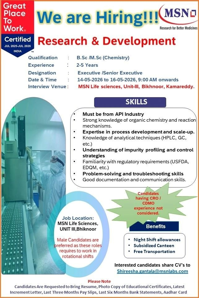SN Laboratories is hiring for Engineering (Mechanical, Utility & Projects) and Research & Development (R&D) roles at its Unit-III facility in Bhiknoor.