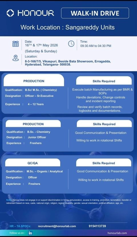 Honour Synthesis Pvt. Ltd. is conducting a walk-in drive for experienced and fresher candidates in production jobs, QA jobs, QC jobs, and PR&D roles.