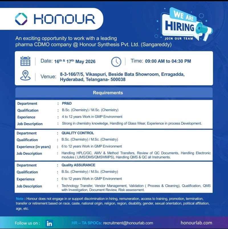 Honour Synthesis Pvt. Ltd. is conducting a walk-in drive for experienced and fresher candidates in production jobs, QA jobs, QC jobs, and PR&D roles.