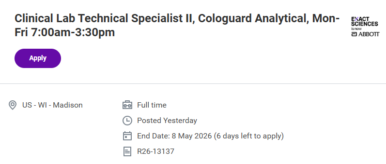 Exact Sciences is hiring for its Clinical Laboratory team to support cancer diagnostic operations. The role focuses on workflow monitoring, issue resolution, and continuous improvement within laboratory processes.