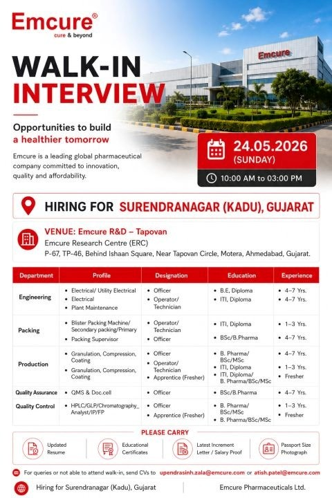 Emcure Pharmaceuticals is conducting a walk-in interview on 24th May 2026 for multiple positions in Production, Quality Assurance, Quality Control, and Engineering at its Surendranagar plant.