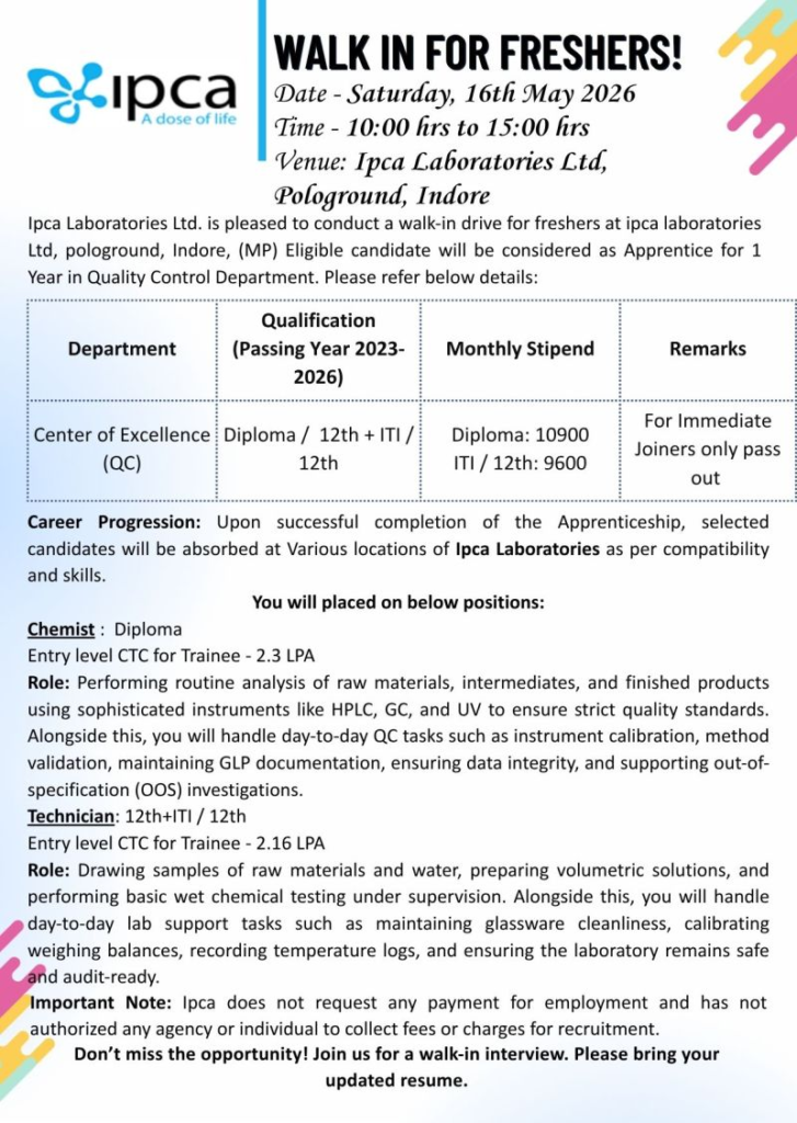 Ipca Laboratories Walk-in for Freshers – QC Apprentice Jobs in Indore 2026