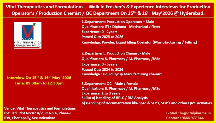 Vital Therapeutics & Formulations Walk-in Interview for Freshers & Experienced Candidates at Hyderabad 2026