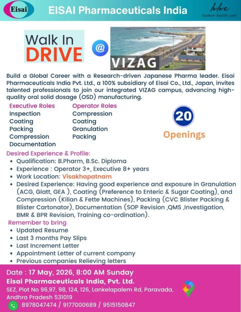 Eisai Pharmaceuticals Walk-in Interview for Production Executive & Operator Jobs in Vizag 2026
