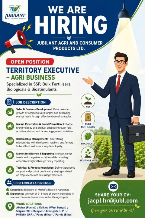 Jubilant Agri and Consumer Products Ltd as Territory Executive and drive sales growth in SSP, Bulk Fertilisers, Biologicals & Biostimulants.