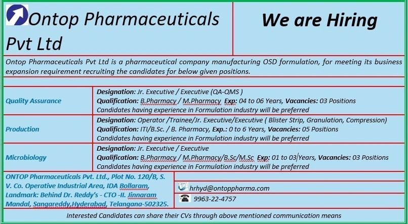 Ontop Pharmaceuticals Pvt Ltd is a WHO-GMP certified pharmaceutical manufacturing company specializing in Oral Solid Dosage (OSD) formulations. 