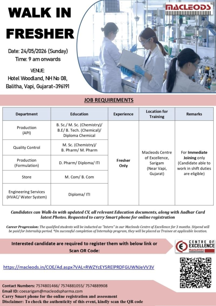 Macleods Pharmaceuticals is conducting a fresher walk-in interview on 24 May 2026 for multiple production jobs, Quality Control, Store, and Engineering positions