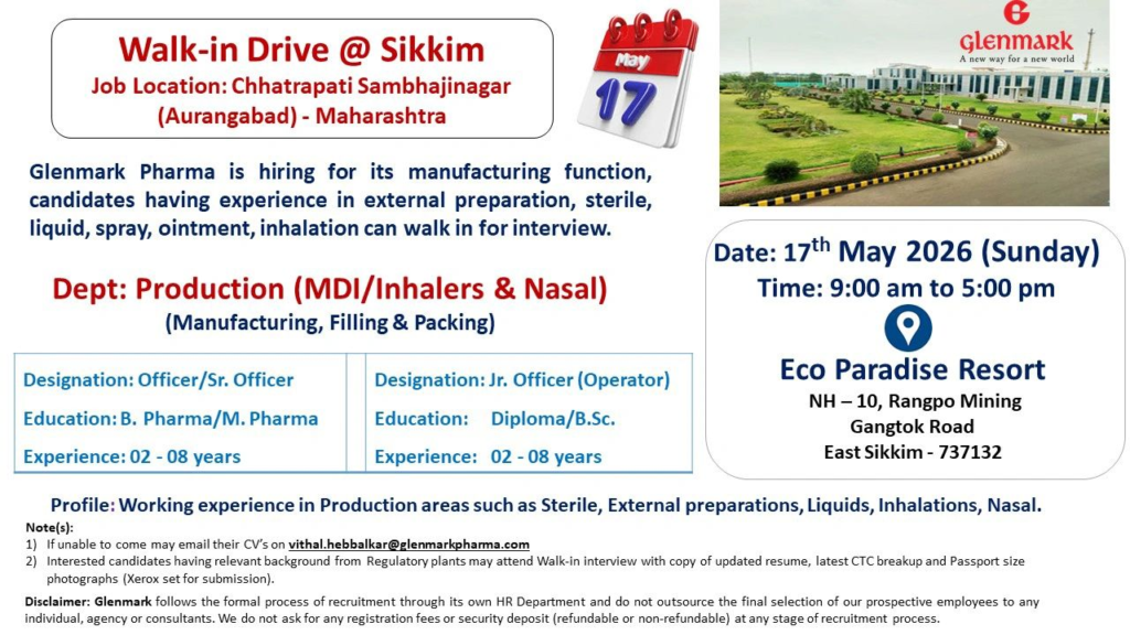 Glenmark Pharmaceuticals Walk-in Interview for Production (MDI/Inhalers) Jobs at Sikkim – Aurangabad Plant 2026