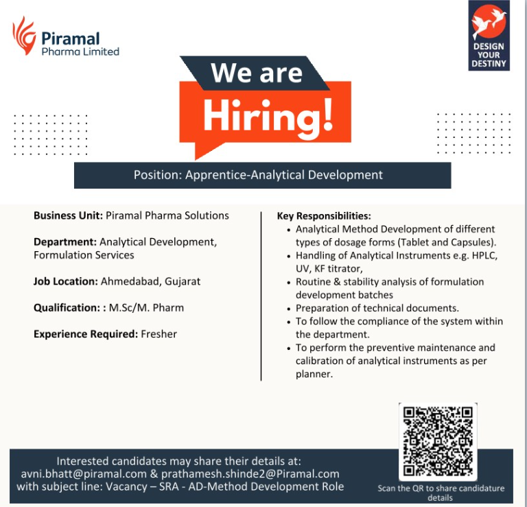 Piramal Pharma Limited is hiring Senior Research Associate and Apprentice positions in Analytical Development and Solid State Characterization at Ahmedabad, Gujarat.