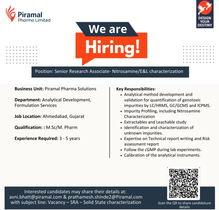 Piramal Pharma Limited is hiring Senior Research Associate and Apprentice positions in Analytical Development and Solid State Characterization at Ahmedabad, Gujarat.