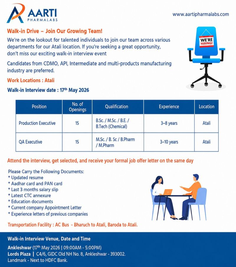 Aarti Pharmalabs Walk-in Interview for Production & QA Executive Jobs at Atali 2026
