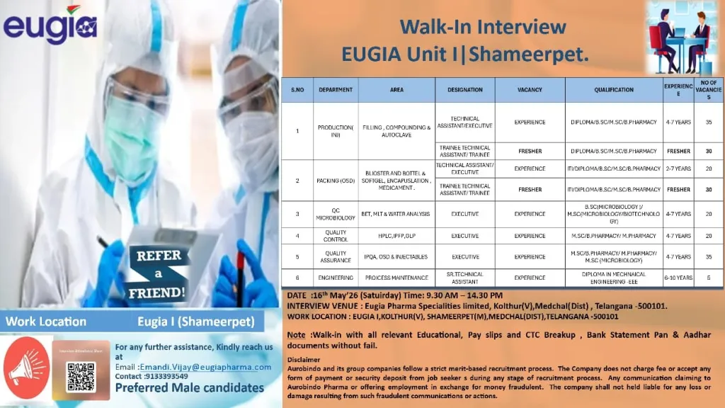 Eugia Pharma Walk-in Interview for Production, Packing, QC, QA & Engineering Jobs at Shameerpet, Hyderabad 2026
