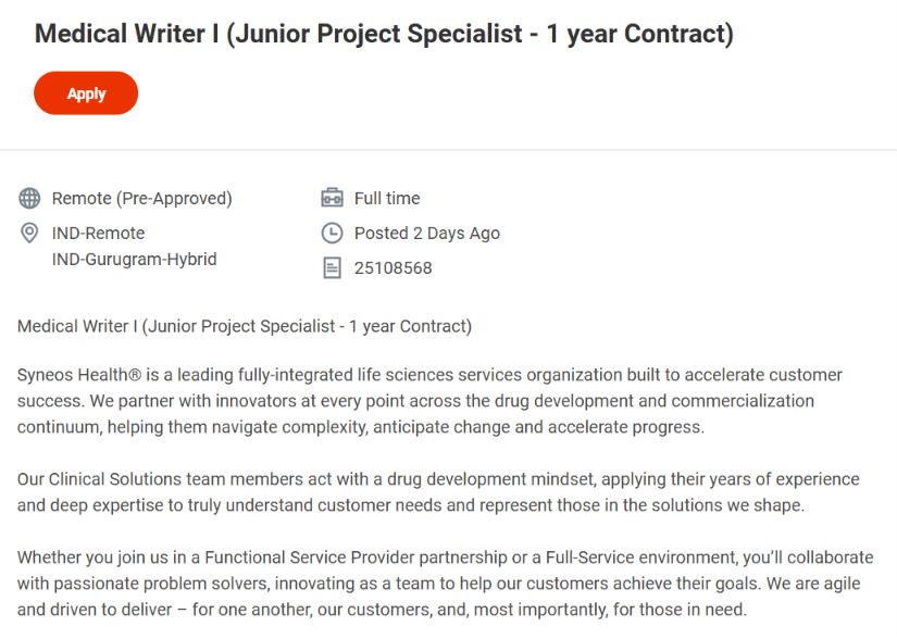 Syneos Health Hiring for Medical Writer I (Junior Project Specialist)