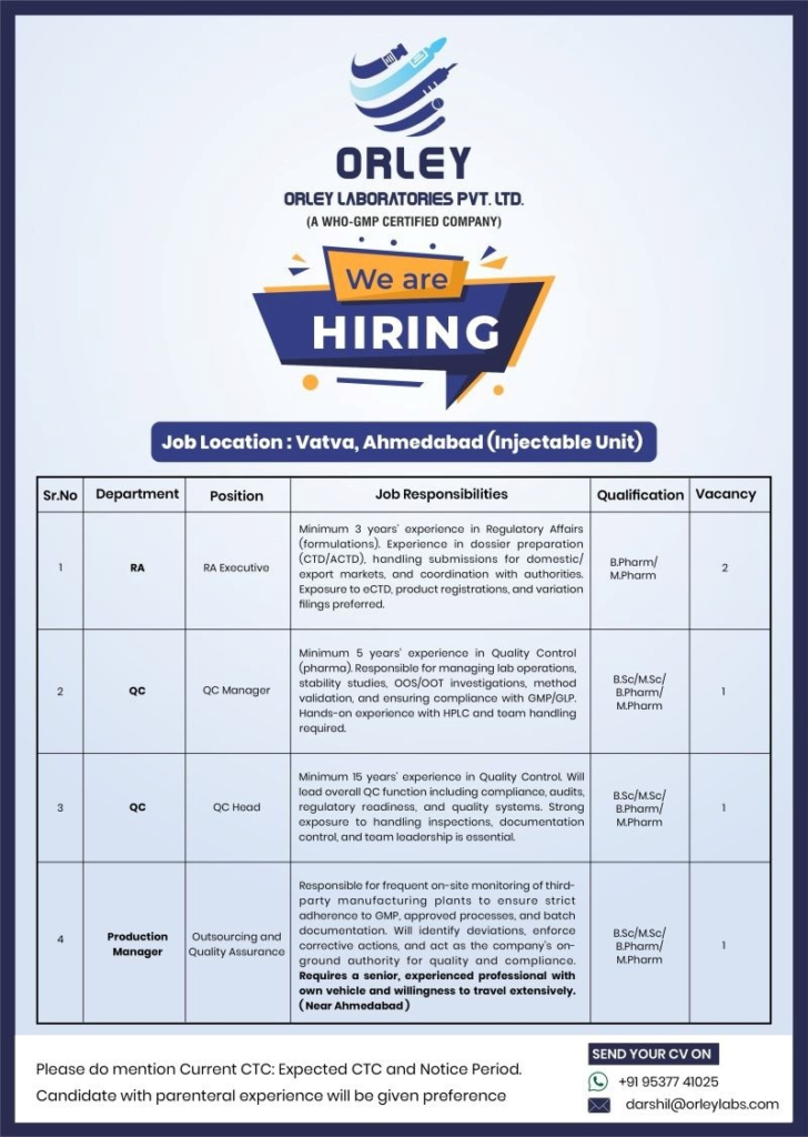  pharma jobs in Ahmedabad for Regulatory Affairs, Quality Control, and Production professionals.