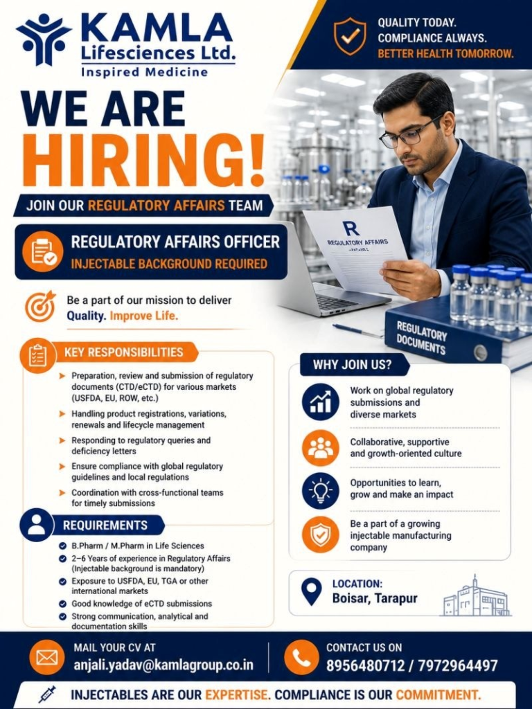 KAMLA Lifesciences Ltd. is hiring a talented Regulatory Affairs Officer to strengthen its Regulatory Affairs team.