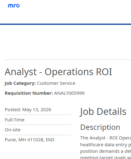 MRO Corp is hiring Analyst - Operations ROI for US healthcare data processes.