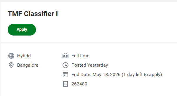 Fortrea is hiring for TMF Classifier I in Bangalore. This hybrid clinical research job is ideal for Life Sciences graduates with 6–12 months of experience in eTMF management.
