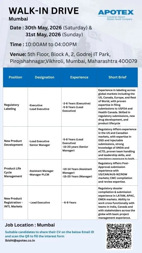 Apotex is conducting a Walk-in Interview on 30th & 31st May 2026 in Mumbai for multiple Regulatory Affairs positions.