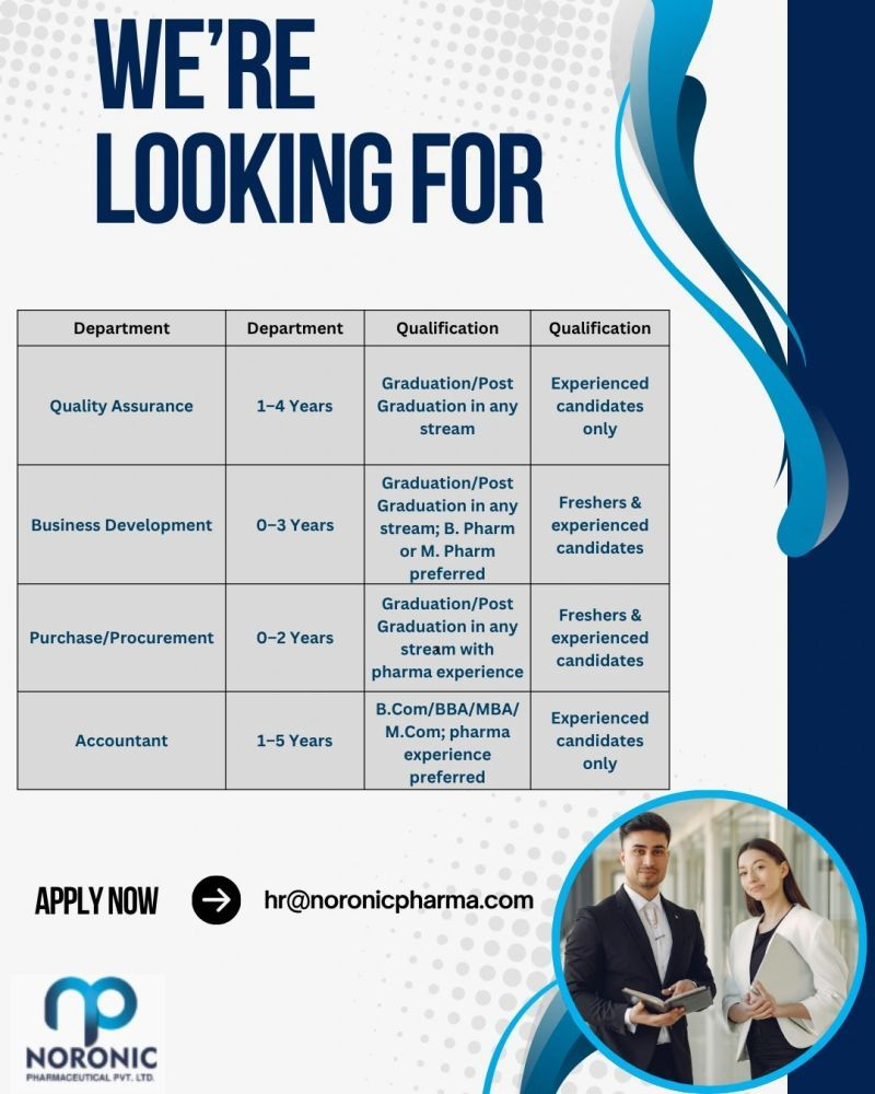 Noronic Pharmaceutical Pvt Ltd is hiring for multiple pharma jobs in Quality Assurance, Business Development, Purchase/Procurement, and Accounts.