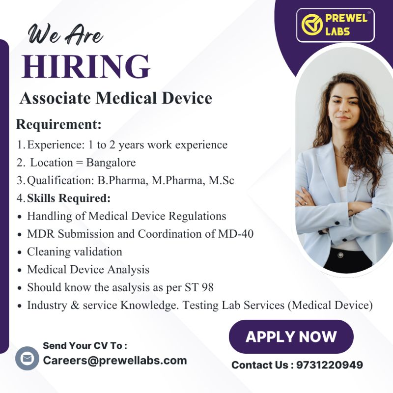 Associate – Medical Device with 1-2 years of experience. Ideal for candidates seeking QA jobs, regulatory roles
