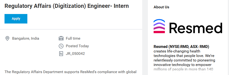 Regulatory Affairs (Digitization) Engineer Intern in Bangalore