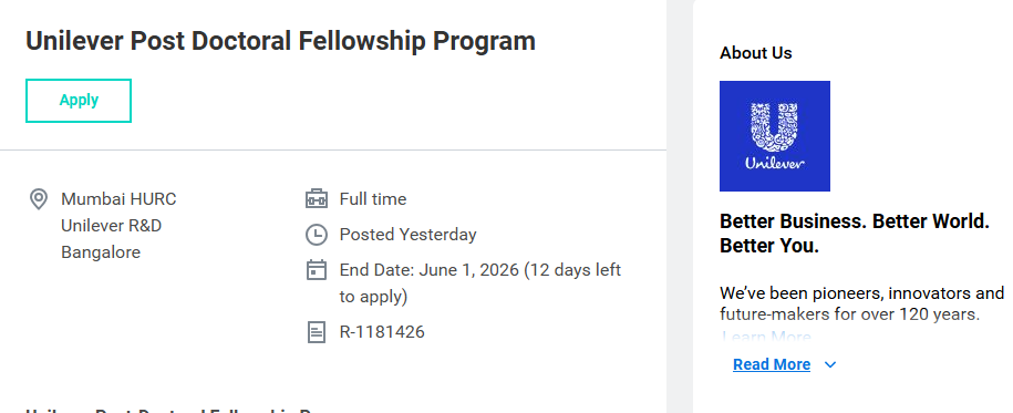 Unilever is inviting applications for its prestigious Post Doctoral Fellowship Program in R&D.