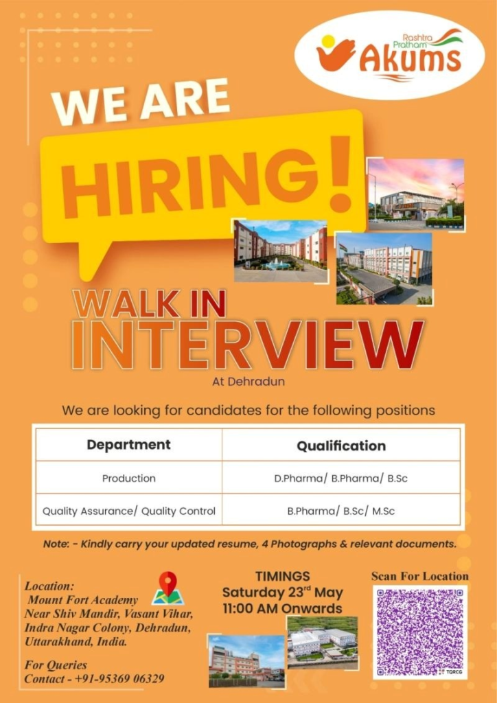 pharma jobs in Production, Quality Assurance, and Quality Control at their Dehradun walk-in interview