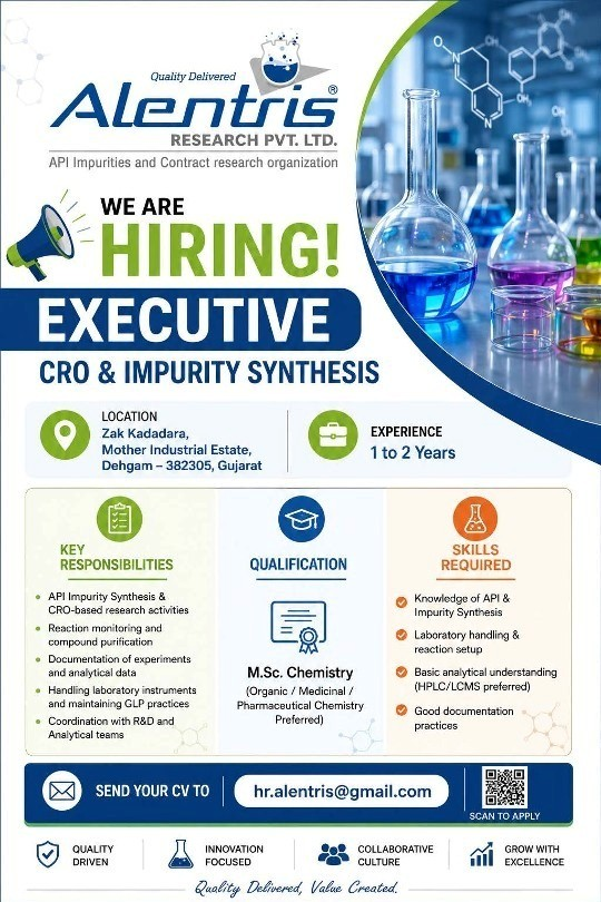 Apply for Executive position in CRO & API Impurity Synthesis at Alentris Research Pvt Ltd, Dehgam, Gujarat. This pharma job is perfect for M.Sc. Chemistry freshers with 1-2 years experience. Explore 