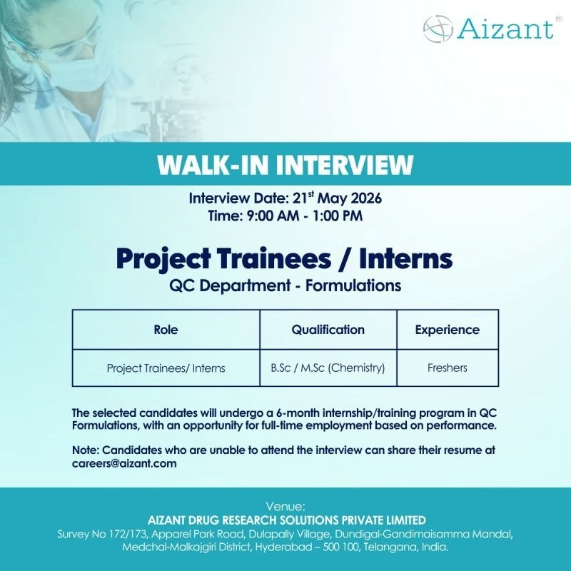 Attend walk-in interview for QC Project Trainees / Interns at Aizant Drug Research Solutions, Hyderabad. 