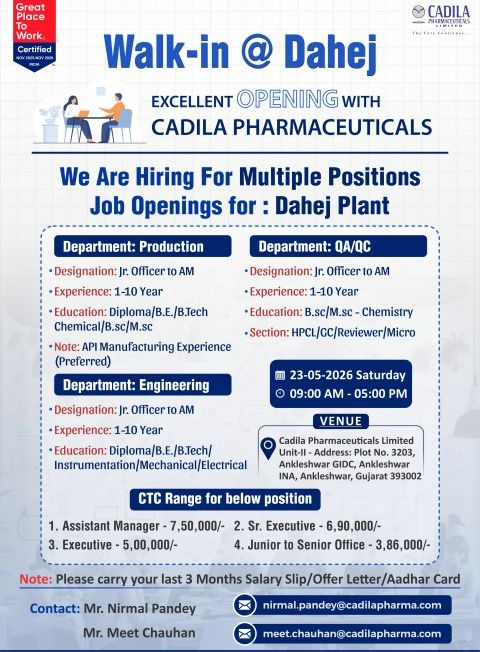 Cadila Pharmaceuticals is conducting a walk-in interview on 23rd May 2026 for Jr. Officer to Assistant Manager positions in Production, QA/QC, and Engineering at its Dahej/Ankleshwar plant.
