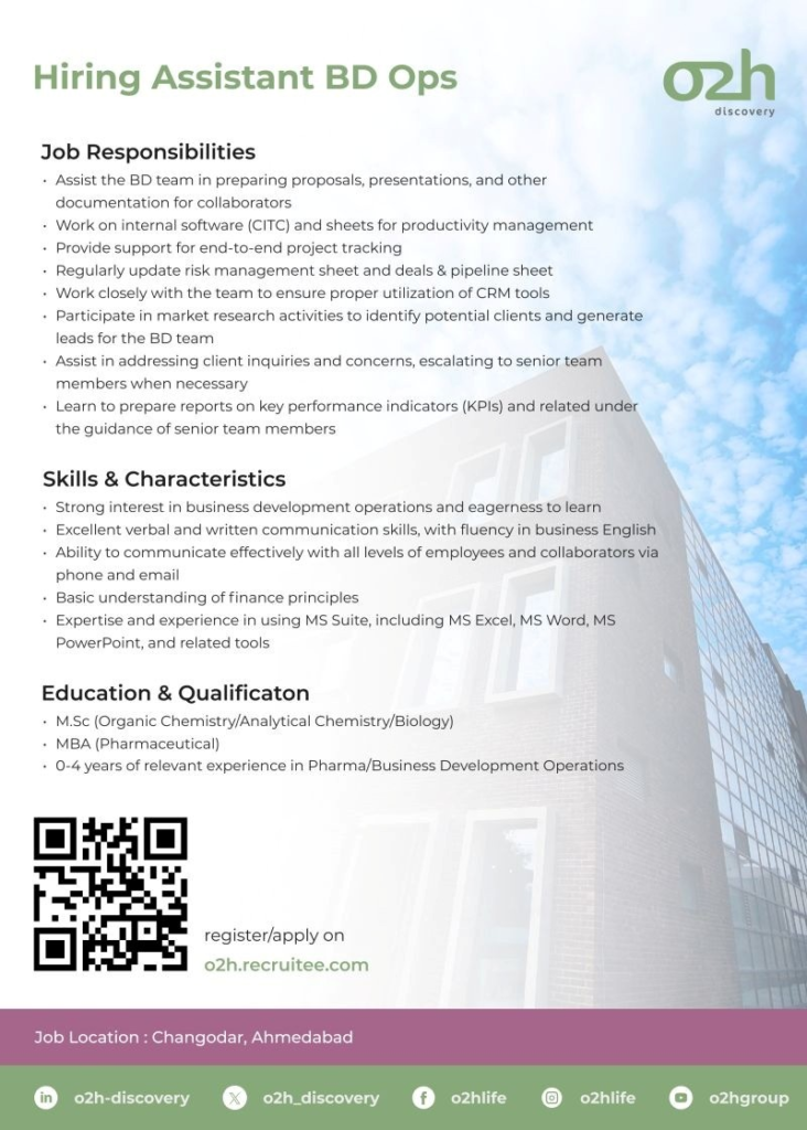 o2h Discovery is hiring for Assistant BD Ops in Changodar, Ahmedabad.