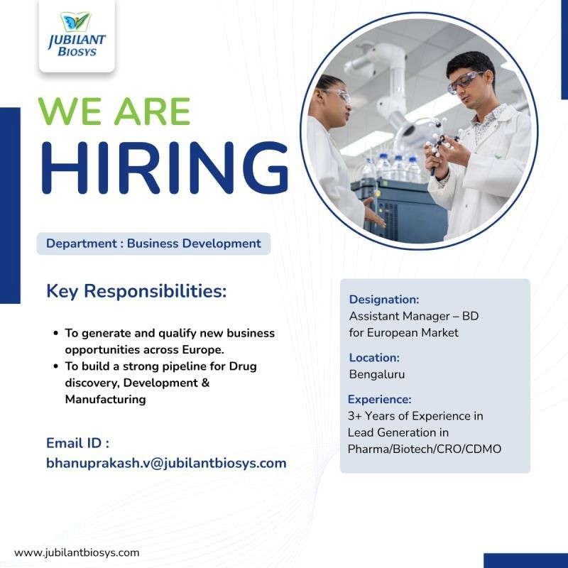 Jubilant Biosys is hiring Assistant Manager - Business Development for the European Market in Bengaluru.