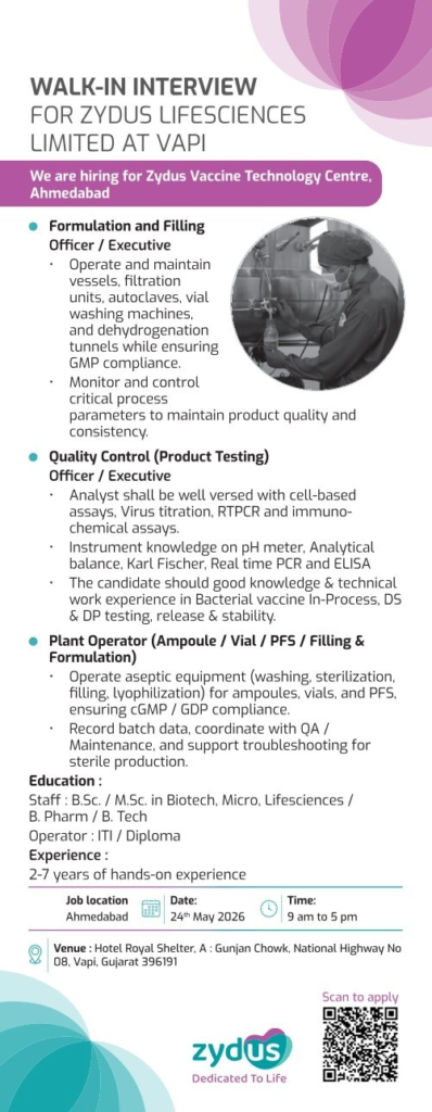 Zydus Lifesciences is conducting a walk-in interview for Formulation, Quality Control, and Production roles at its Vaccine Technology Centre in Ahmedabad.