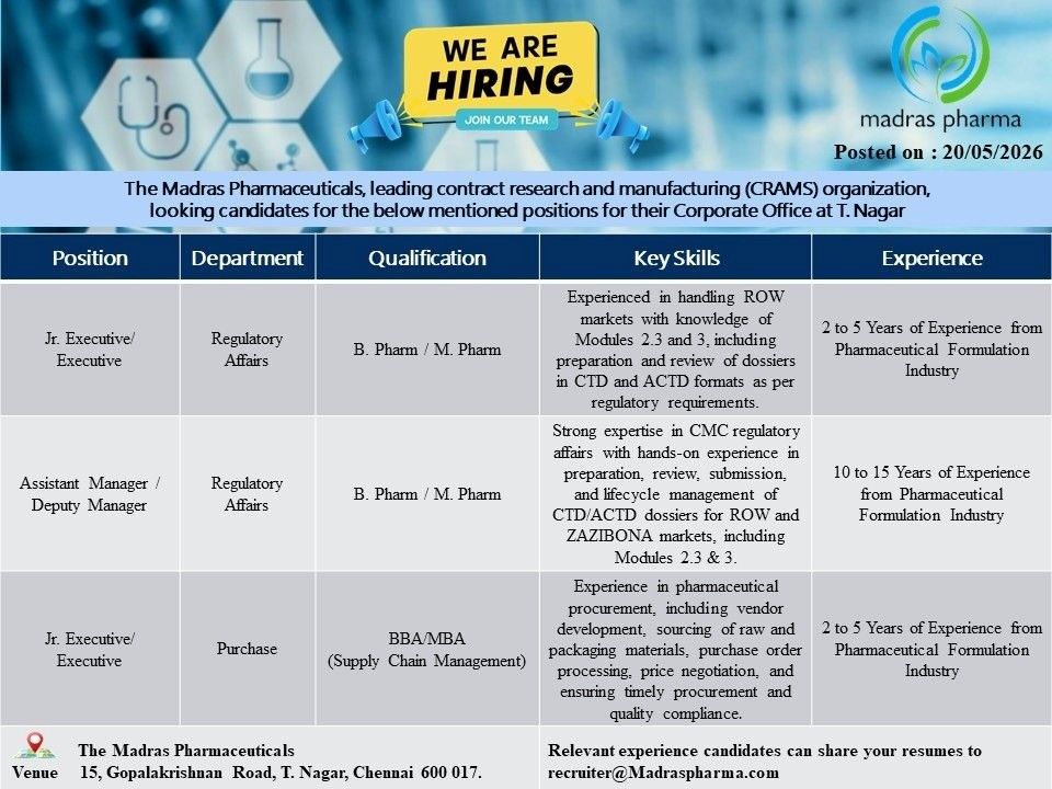 The Madras Pharmaceuticals is hiring for Regulatory Affairs and Purchase positions at its Corporate Office in Chennai.