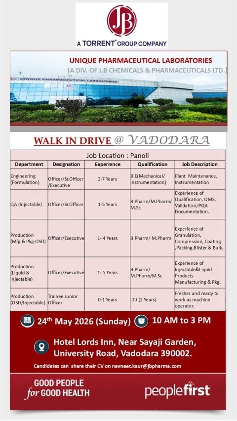 Unique Pharmaceutical Laboratories (A Division of J.B. Chemicals & Pharmaceuticals Ltd.) is conducting a walk-in drive for multiple pharma jobs including Engineering, QA, and Production roles at Panoli plant.