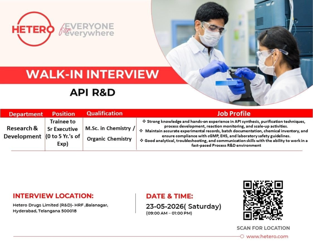Hetero Drugs is conducting a walk-in interview for Trainee to Sr Executive positions in API R&D at Hyderabad.